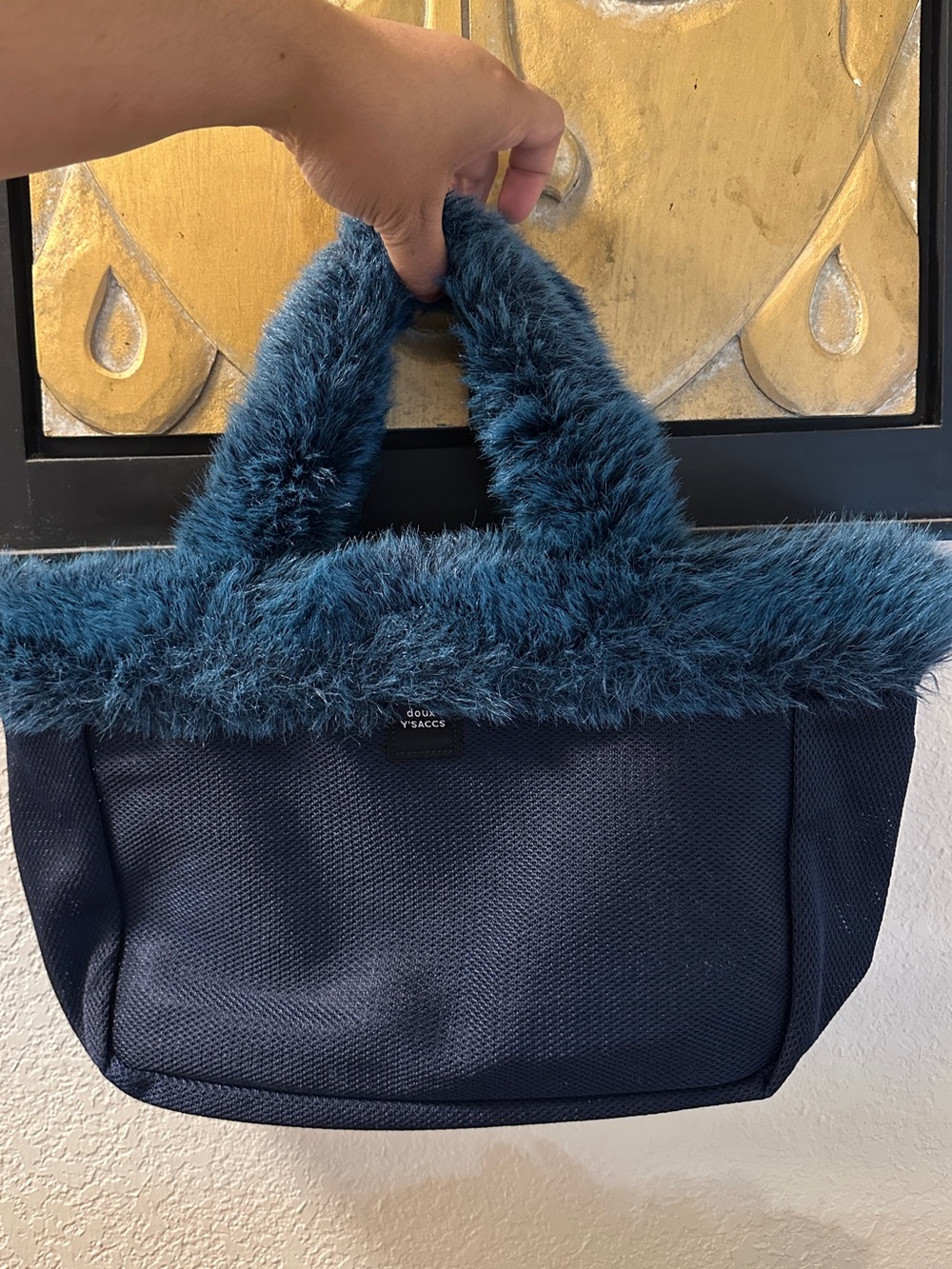 Plush-Trim Navy Tote Bag with Faux Fur Handles -